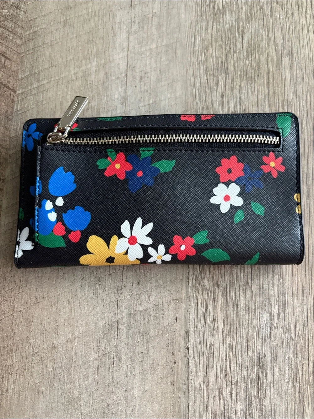 kate spade Black Floral Continental Wallet with Multicolor Flowers 7 x 4